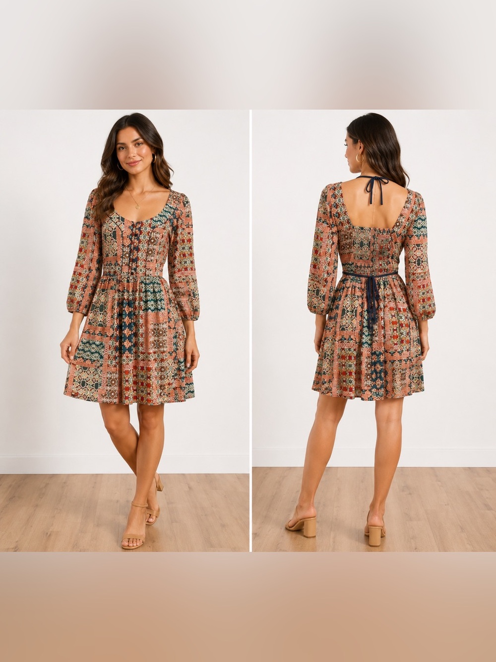 American Rag Boho Patchwork Mini Dress Long Sleeve Square Neck Smocked Back
